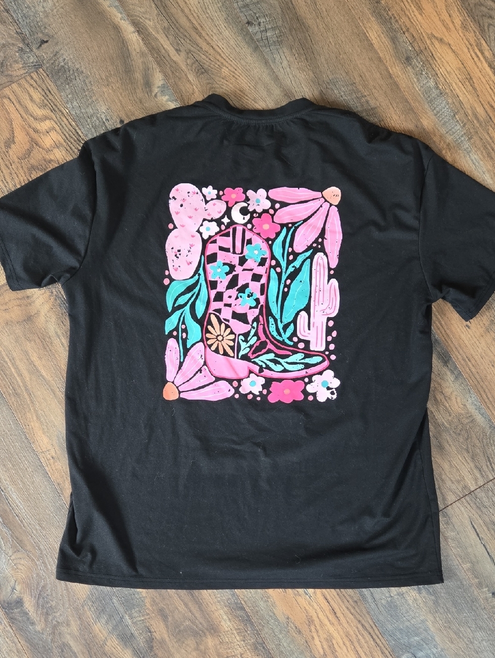 SHEIN Black Tee with White Pink Western Back Detail